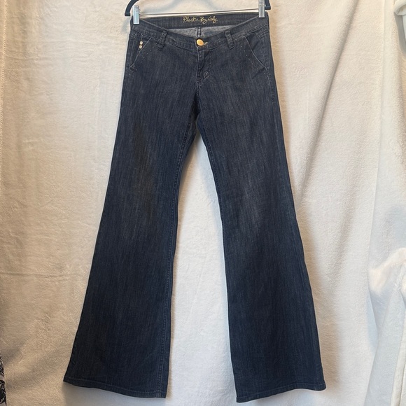 Plastic By Gly Denim - Vtg Plastic By GLY Dark Wash Low Rise Ultra Flare Jeans - Made in USA Y2K